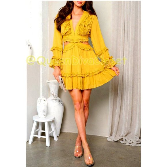 Yellow Gold Ruffle Lace Open Back Cut Out Frill Mini Dress - Picture 1 of 3
